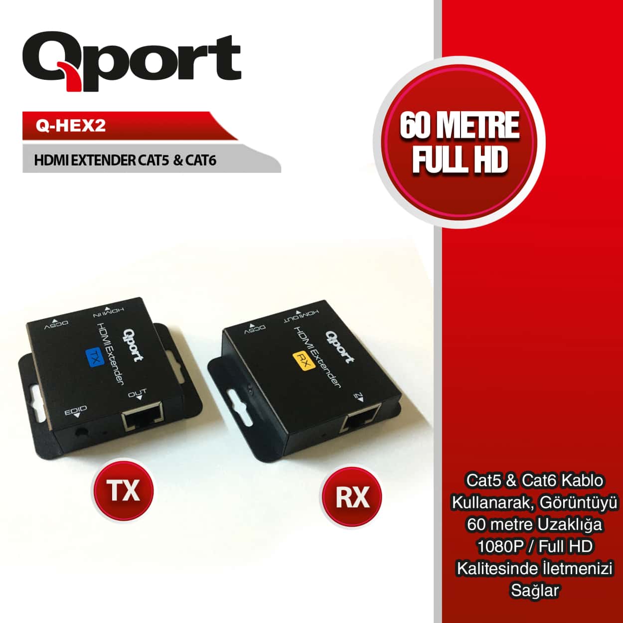 QPORT HDMI EXTENDER CAT6 60M 2 Lİ PAKET (ADAPTÖR DAHİL) (Q-HEX2) - Görsel 1