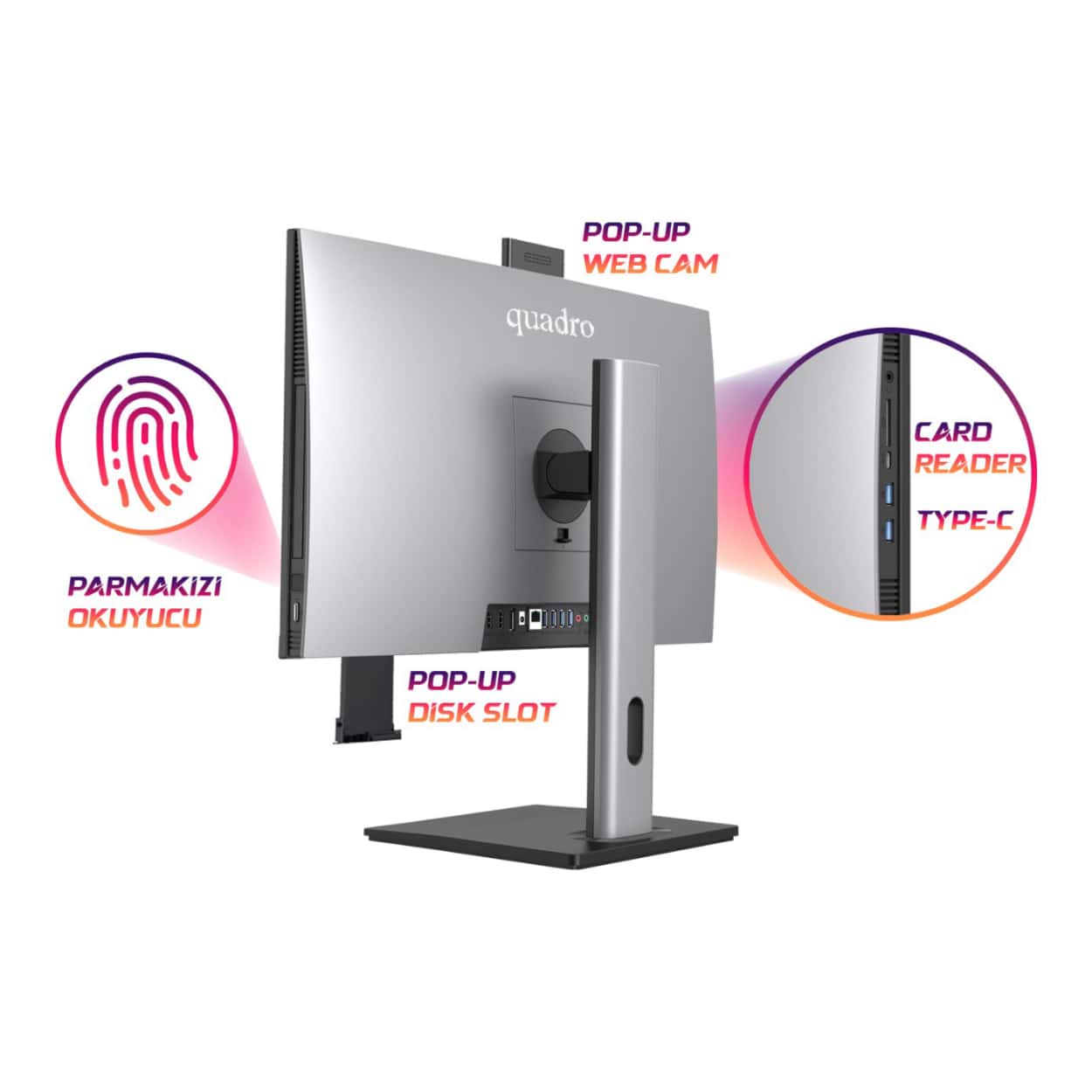 QUADRO EXPANSE AI 23.8" IPS i5-12450H 16GB 512SSD Pivot, Parmak izi  FDOS AIO - Görsel 11